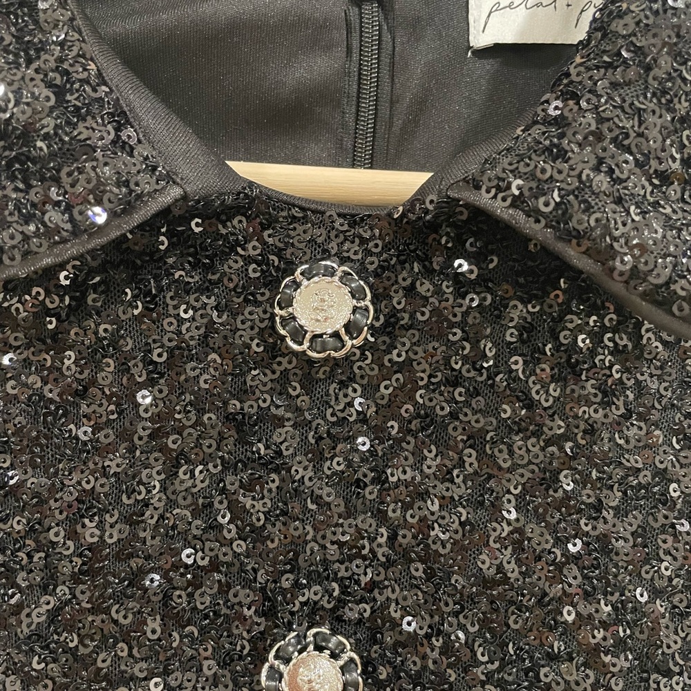NWT Petal & Pup McKenzie Sequin Black Button Up Collar Mini Dress XS - Picture 9 of 16